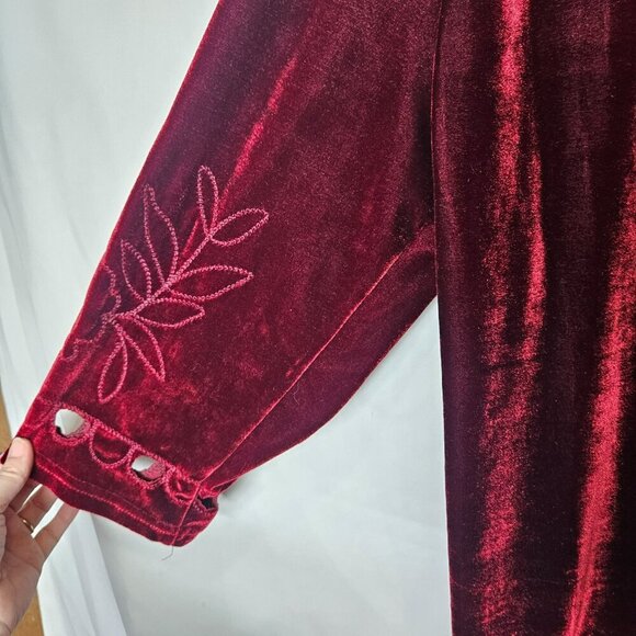 Krave Cherry Red Velvet Floral Embroidered Long Sleeve Tunic XL Vintage 90s Vamp - Picture 10 of 11